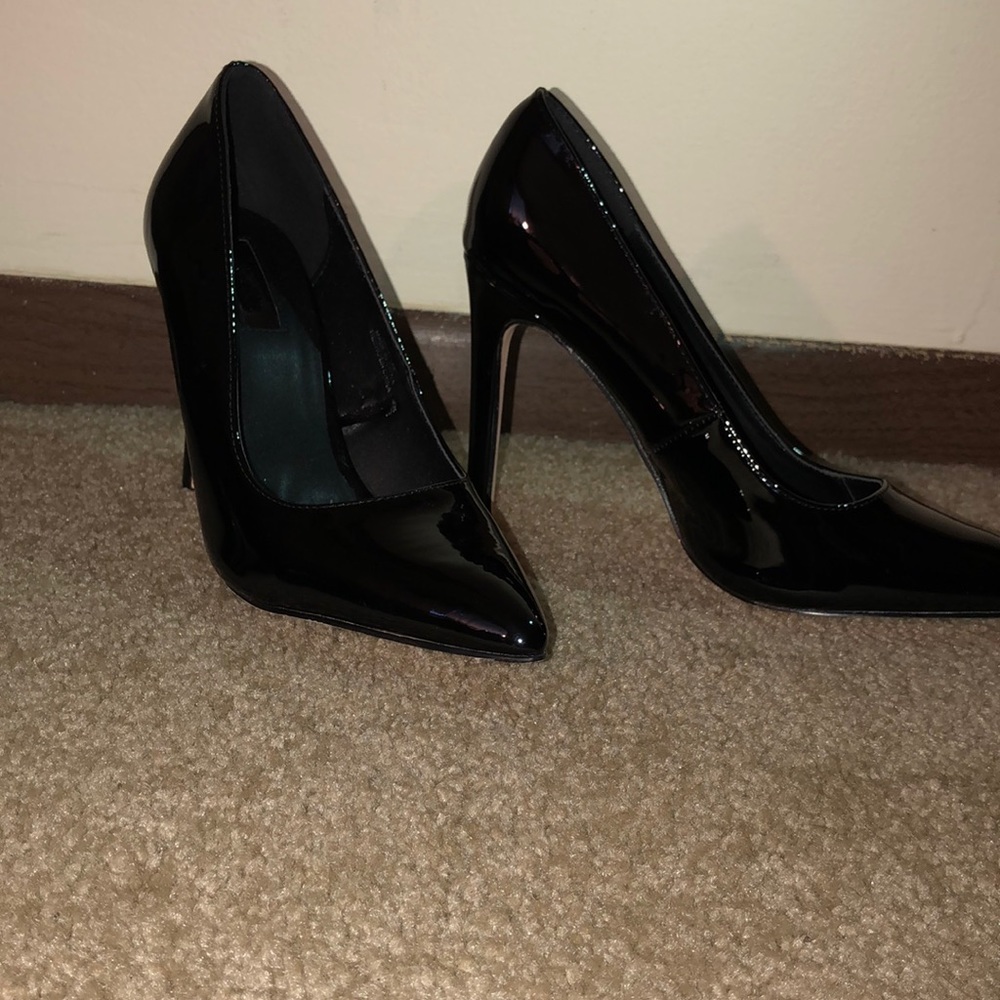 Faux Patent Leather Pumps.